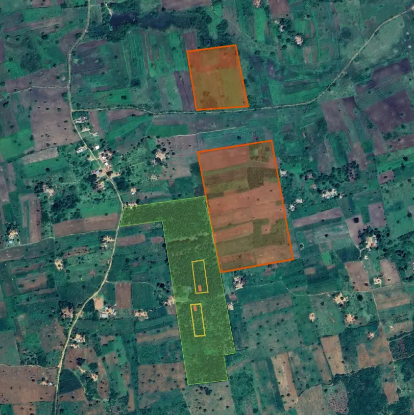 Satellite overview of the outlined Jerusalem and Judea farm property areas in Amolatar, Uganda