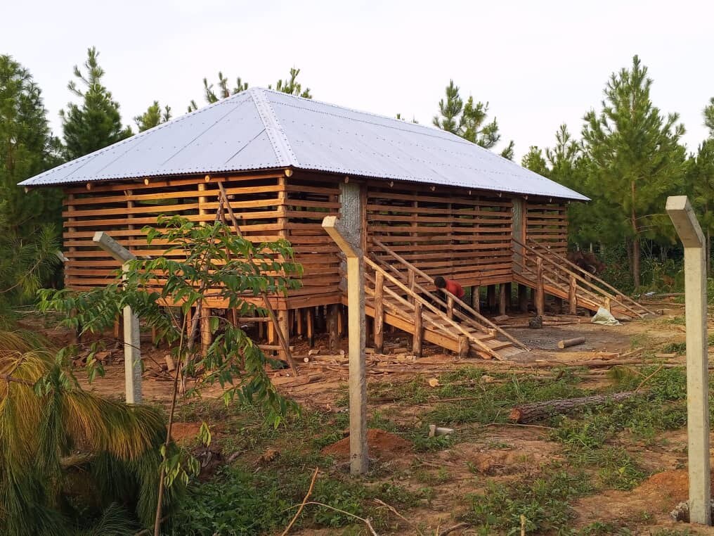 Three-quarter exterior view of the Jerusalem goat house in Amolatar, Uganda