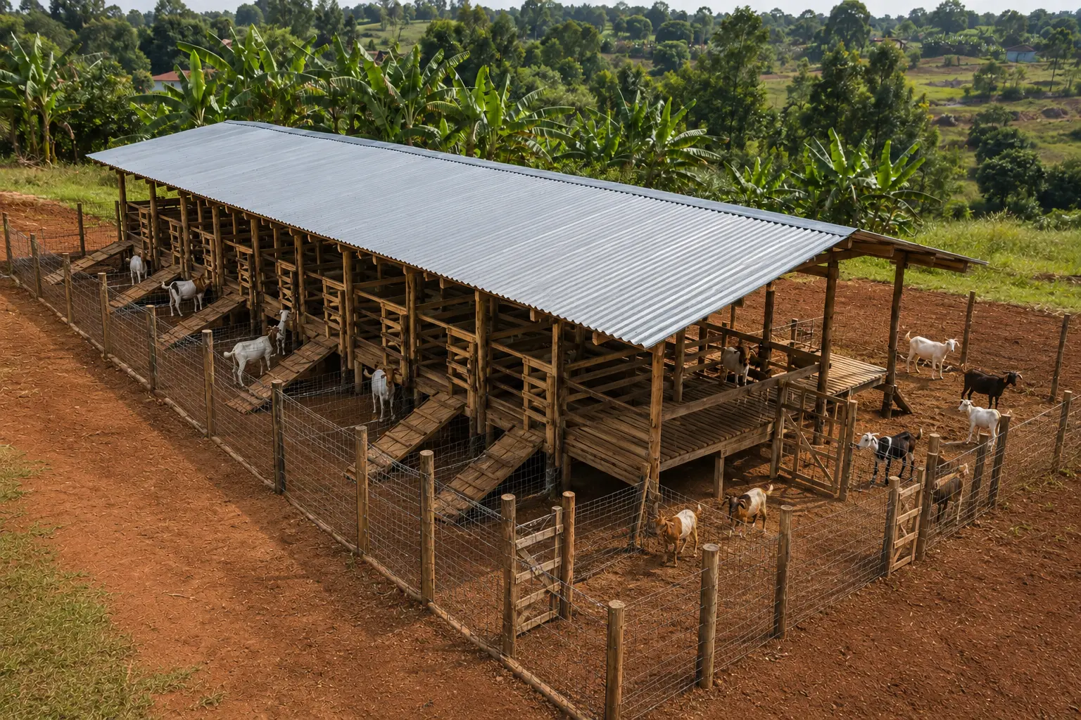 Concept exterior of a rural raised wooden male goat house with separated outdoor runs