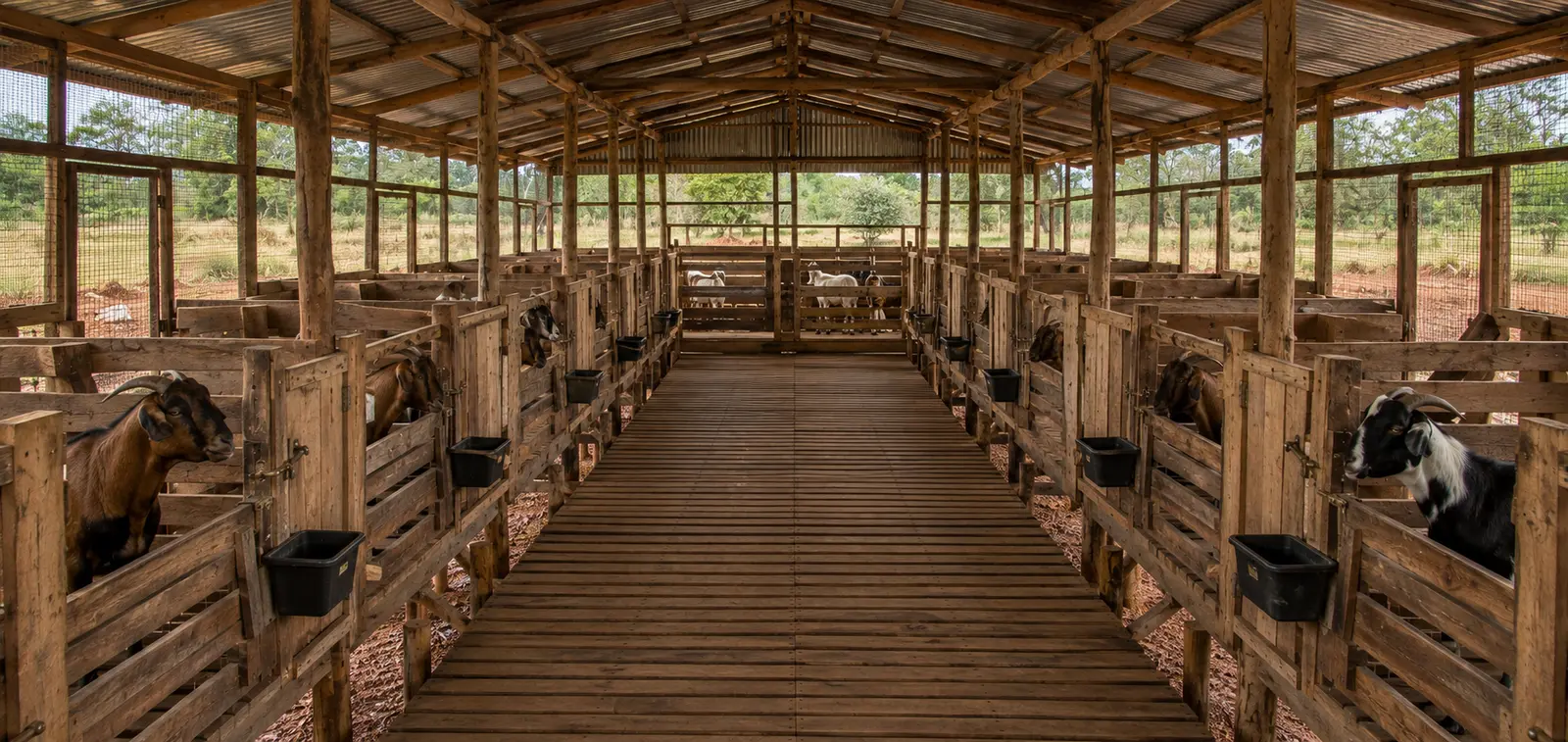 Concept interior of a raised wooden male goat house with individual adult stalls and separate nursery and growout areas